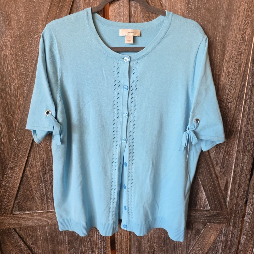 CJ Banks Sweater‎ Women's Size 1X Turquoise Short Sleeve Button Up Tie Details